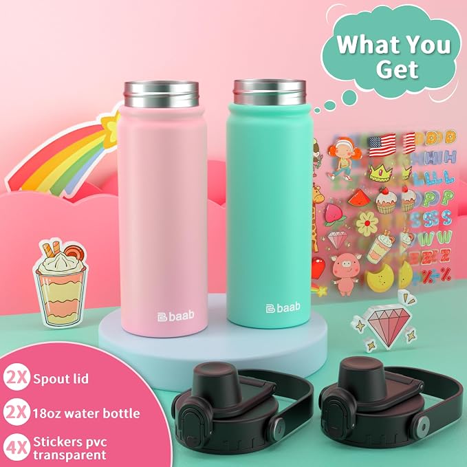 baab 18oz Kids Insulated Water Bottle 18/8 Stainless Steel Kids Cup 2 Pack | - Image 7