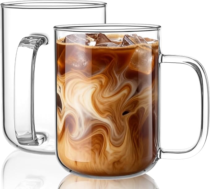 Glass Coffee Mugs, 20 oz Ice coffee cups, Large Clear Tea Cups Set of 2 by BWODYAY