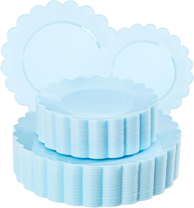 100Pcs Blue Scalloped Plastic Plates Set by supernal