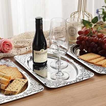 4-Pack Silver Serving Trays Set - ZENOVLUX Vintage Floral Engraved Mirror Decorative Tray, 13.8" x 8.7" Party Platters for Valentine's Day, Food, Appetizer, Charcuterie, Cookies, Desserts