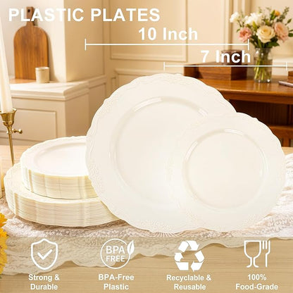 U-QE 100 Pieces Ivory Plastic Plates for Party - Ivory Disposable Plastic Plates - Heavy Duty Disposable Platos Including 50 Dinner 10 '' & 50 Dessert 7.5 '' for Valentine's Day