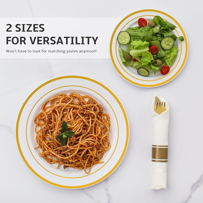 AOZITA 200PCS Gold Plastic Plates Set, Heavy Duty Disposable Plates - Image 4