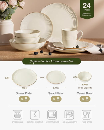 Famiware Jupiter Dinnerware Set, Plates and Bowls Dish Sets for 8 (24 Pieces), Microwave and Dishwasher Safe Stoneware Speckled Tableware, Chip and Scratch Resistant, Vanilla White