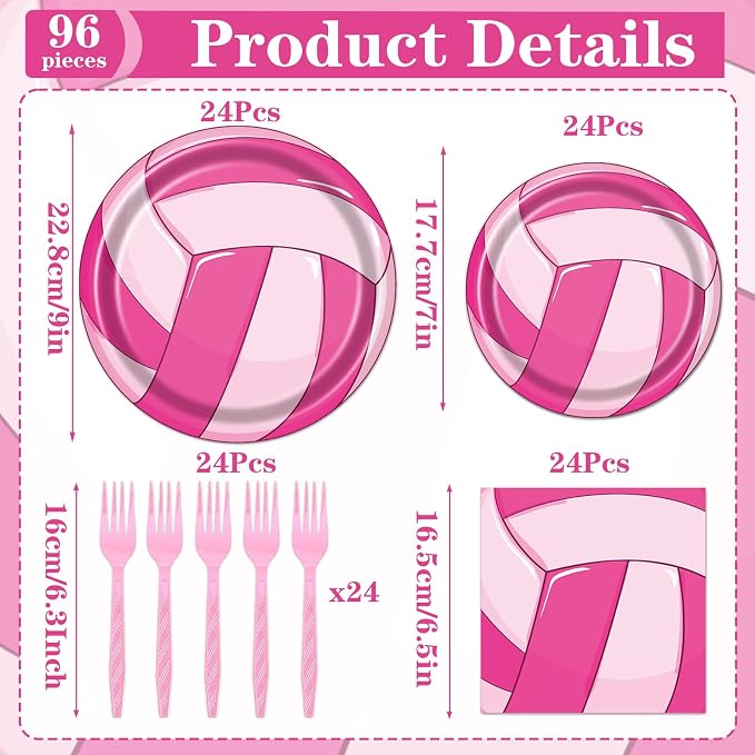 Rakuto Pink Volleyball Party Decorations 96PCS Plates Napkins Set | Pink - Image 2