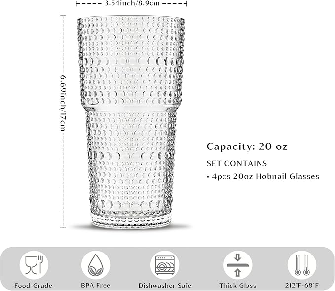 INSETLAN 20oz Hobnail Glass Cups Set of 4, Vintage Drinking Glasses, Iced - Image 3