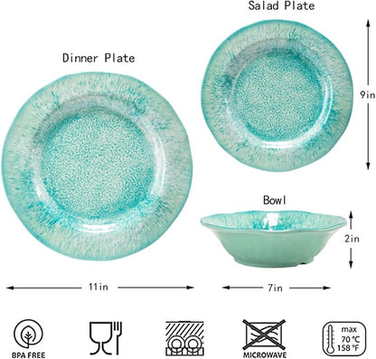 12 Pcs Melamine Dinnerware Sets, Durable Dishware Melamine Dinner Plates for Indoor and Outdoor, Aqua Plates and Bowls Sets, Dishwasher Safe Shatter Proof Chip Resistant Not Microware Not Oven(Green）