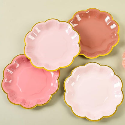 Dusty Pink Gradient Color Dessert Paper Plates 7 inch Gold Foil Scalloped Edge Disposable Cake Plates for Tea Party Birthday Bridal Baby Shower Wedding Party Supplies (24, Dusty Pink)