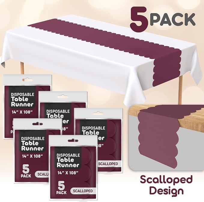 Burgundy Scallop Table Runner, Disposable Plastic, 5 Pack - Image 2