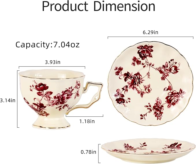 KAMMAK Tea Cups and Saucers Set of 2, 7 oz Porcelain Coffee Cups, 562N | - Image 5