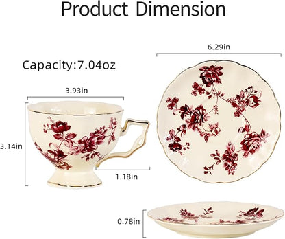 KAMMAK Tea Cups and Saucers Set of 2, 7 oz Porcelain Coffee Cups, 562N | - Image 5