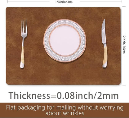 Faux Leather Place mats with Rounded Corners for Dining Table Set of 6,Waterproof&Heat-Resistant Table Mats,Washable&Non-Slip for Indoor&Outdoor-12" x17''-Brown