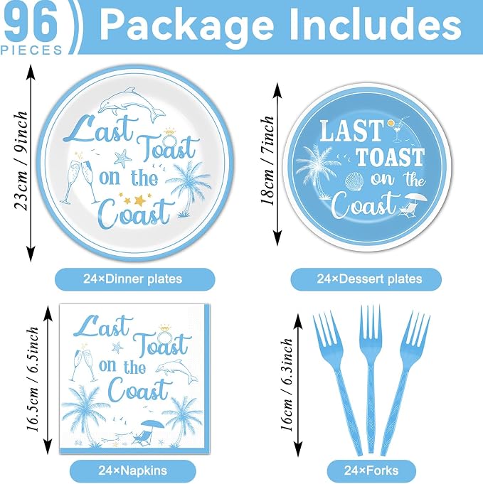 96Pcs Last Toast on the Coast Party Supplies Coastal Bachelorette Paper Plates - Image 2