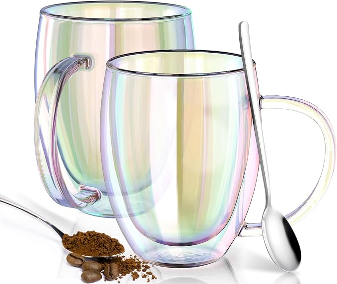 Double Wall Glass Coffee Mugs Set of 2, 12 Oz Coffee Mugs by FULGNU