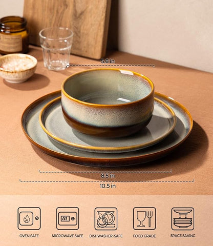 Ceramic Dinnerware Set for 8, 24-Piece Plates and Bowls Set | Handmade Reactive - Image 2