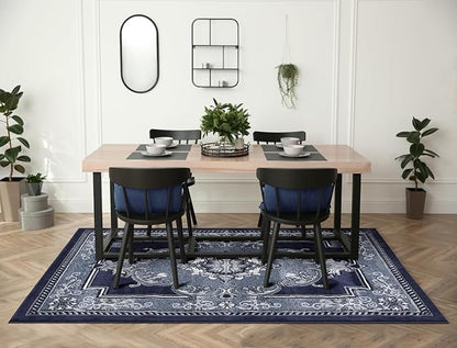 Modern 8 x 10 Rug for Living Room - Navy Oriental Large Area Rugs for Living Room, Dining & Bedroom - Hand Carved Runner Carpet - Durable Polyester - Non-Fade, Stain-Resistant - Turkish Made
