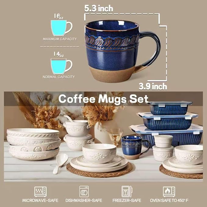 Artena Ceramic Coffee Mugs Set of 4, 16oz Embossed Large Latte Mugs Coffee Cups - Image 6