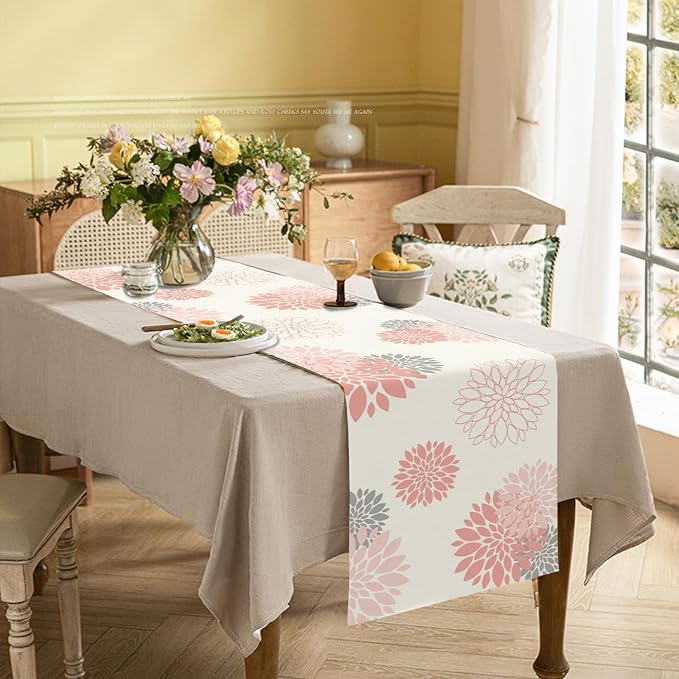 Pink Grey Table Runner Dahlia Flower Beige Burlap Table Runners Modern Elegant - Image 2