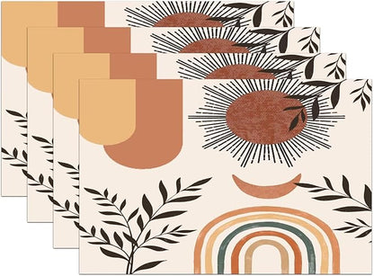 Mid Century Abstract Boho Placemats Orange Vintage Aesthetic Nature Leaf Sun Modern Washable Place Mats 12x18Inch for Dining Kitchen Farmhouse Decor 6 PCS