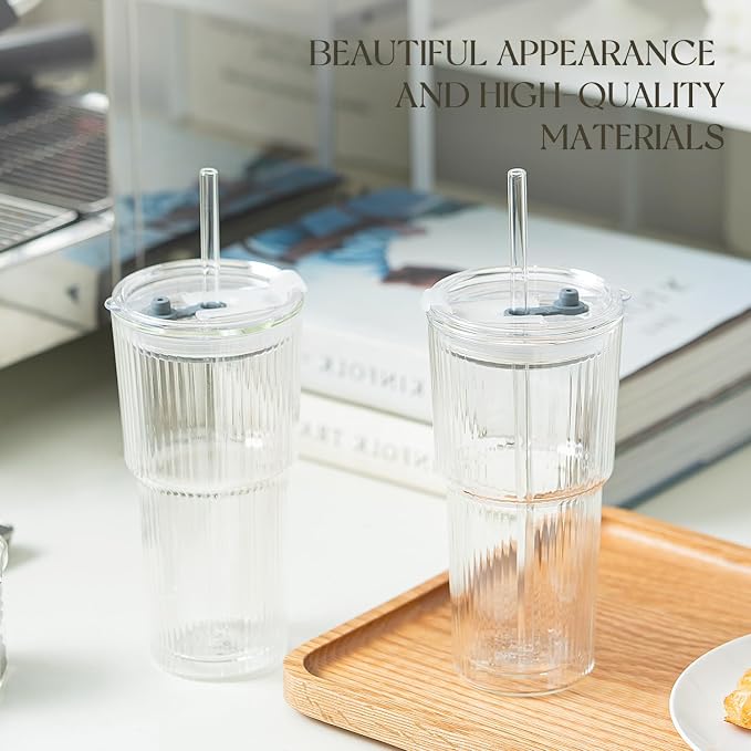 KEMORELA Iced Coffee Cups with Lids 20oz Ribbed Double Wall Glass Cups with - Image 7