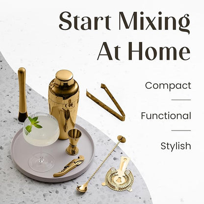Mixology & Craft Cocktail Shaker Set: 10-Piece Bartender Kit with Stand | Complete at Home Bar Set with Bar Accessories | Great Housewarming Gift | Leak-Proof Design (Gold)