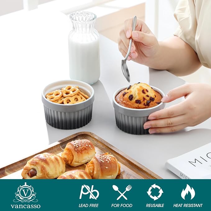 vancasso 6 oz Ramekins with Lid, Porcelain Creme Brulee Souffle Dishes - Image 3