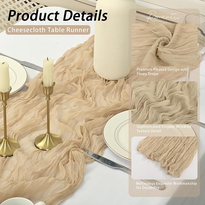 8 Pack Beige Cheesecloth Table Runner 17x108 inch Boho Gauze Cheese Cloth Table - Image 4