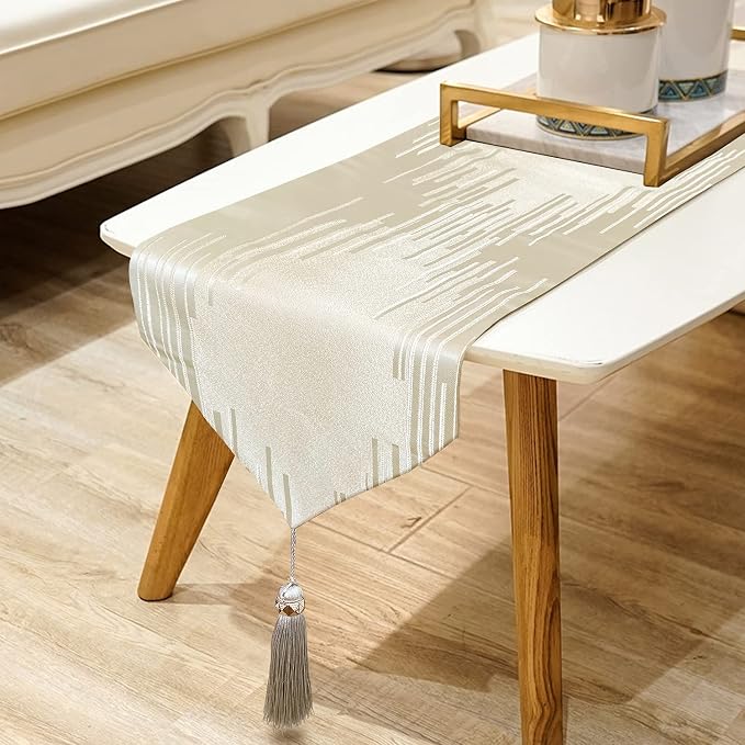 Elegant Modern Beige Table Runner, Embroidered Geometric, Tassels | Luxury by Jiino
