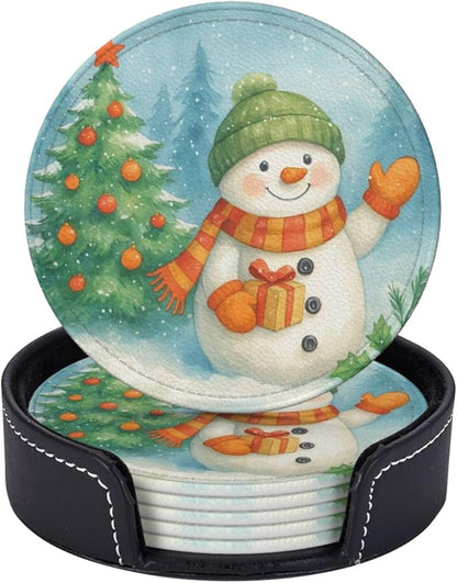 Winter Blue Green Snowman Christmas Tree Snow Coasters by KiuLoam