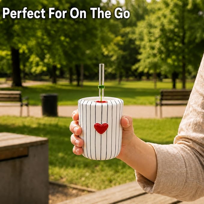 Ceramic Coffee Mug with Sip Hole, 12oz Striped Coffee Cup with Heart Accent - Image 7
