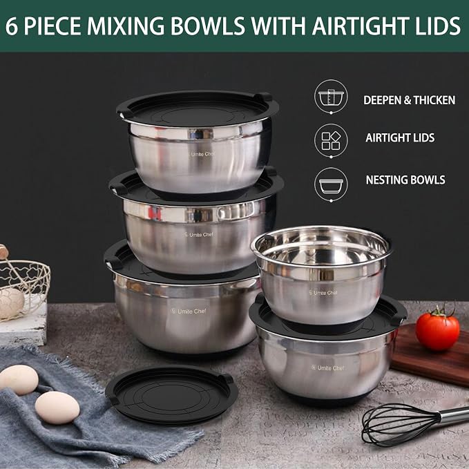 Umite Chef Mixing Bowls with Airtight Lids，6 piece Stainless Steel Metal - Image 6