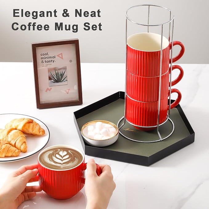 HASENSE Red Coffee Mugs, 15 oz Stackable Coffee Cups Set of 4 - Image 5