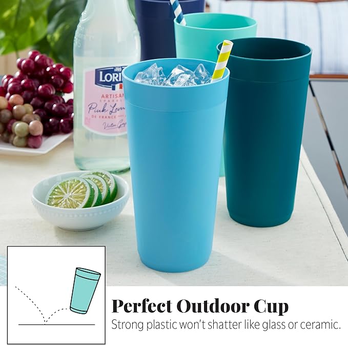 US Acrylic Newport 32 ounce Unbreakable Plastic Stackable Iced-Tea Tumblers in 4 Coastal Colors | Set of 12 Drinking Cups | Reusable, BPA-free, Made in the USA, Top-rack Dishwasher and Microwave Safe