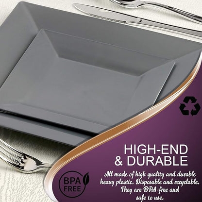 Disposable Plastic Dessert Plates -120 Plates -Heavy Duty Square Silver Salad Plates- 6.5" Appetizer Cake Plates Bulk Party Supplies For All Occasions
