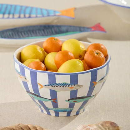 Something Fishy Ceramic DEEP SERVING BOWL 9 x 5 Inches, coastal striped serving - Image 3