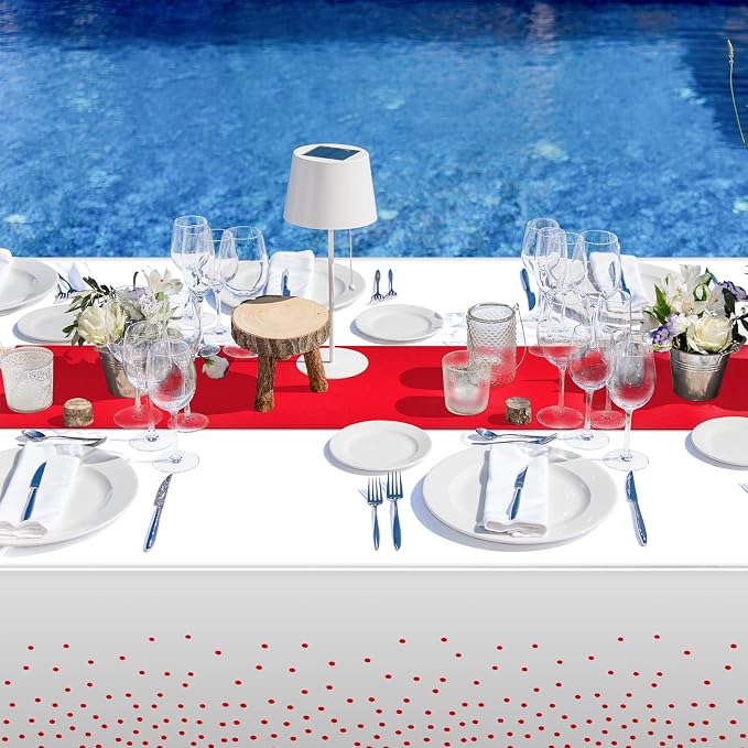 16Pack Disposable Plastic Tablecloths and Satin Table Runner Set White and Red - Image 6