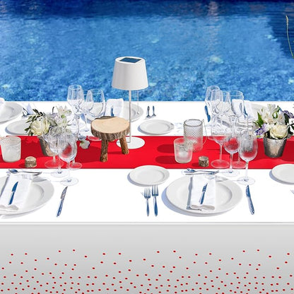 16Pack Disposable Plastic Tablecloths and Satin Table Runner Set White and Red - Image 6