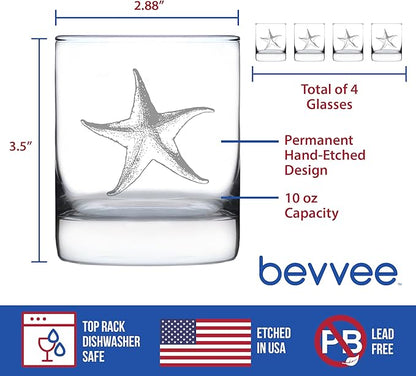 Bevvee Starfish Rocks Glass - Beach Themed Decor and Decorative Ocean Glassware Gifts for Women and Men - Set of 4-10.25 Oz Glasses