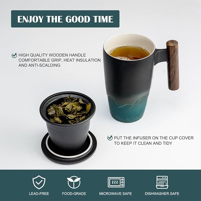 suyika Ceramic Tea Cup with Infuser and Lid Tea Mugs Wooden Handle 400ml/13.5oz - Image 3