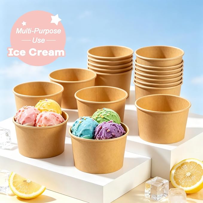 Disposable Kraft Ice Cream Bowls 100 Count - 9 oz Paper Sundae Cups | Party - Image 5