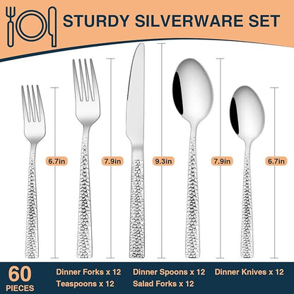 Hammered Silverware Set, 60 Pieces Stainless Steel Square Flatware Set for 12, Mirror Polished Tableware Cutlery Set for Home Kitchen Restaurant, Kitchen Utensils Set, Modern Design, Dishwasher Safe