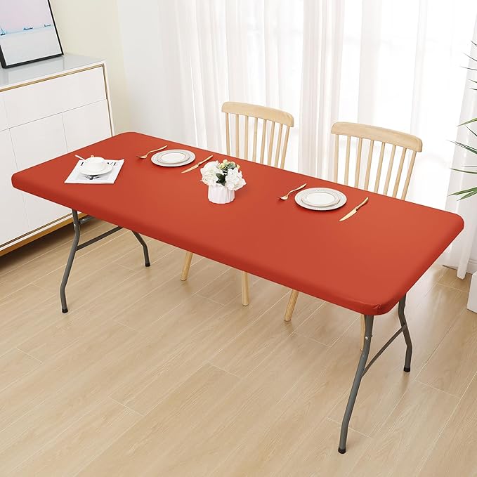 Smiry Rectangle Tablecloth, Elastic Fitted Flannel Backed Vinyl Tablecloths for 6ft Folding Tables, Waterproof Wipeable Table Covers for Indoor, Outdoor, Picnic and Camping (Rust, 30"x72")