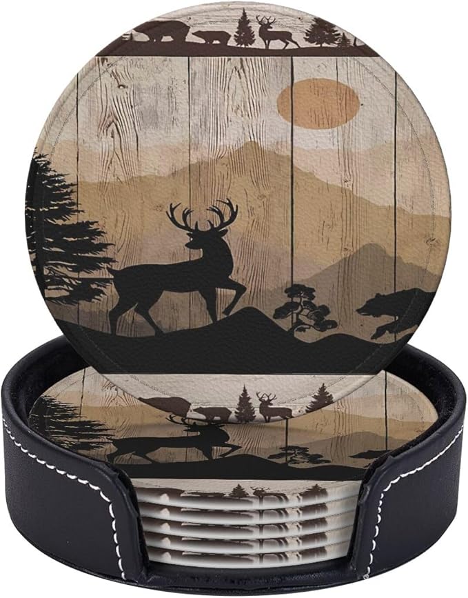 6 Pcs Rustic Wildlife Bear Deer Moose Vintage Wooden Plank Leather Coasters by CAPVKING