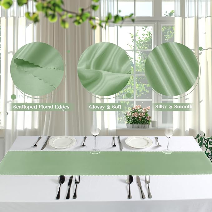 VACVELT Sage Green Satin Table Runners, 12x72 Inch, 12 Pack, Scalloped Edge | - Image 6