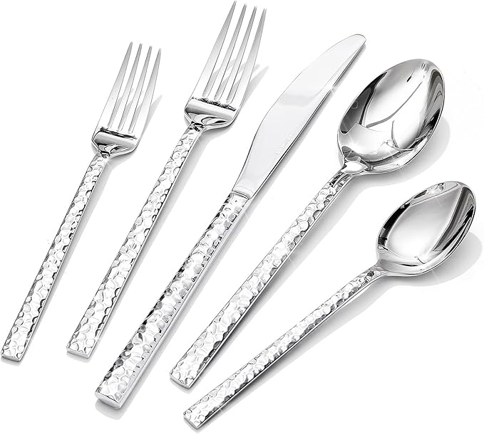 40 Piece Hammered Silverware Set, 18/10 Stainless Steel Flatware Set by KINGSTONE