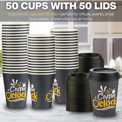 Disposable Coffee Cups with Lids, To Go Paper Hot Cups, Coffee O'Clock Design - Image 4