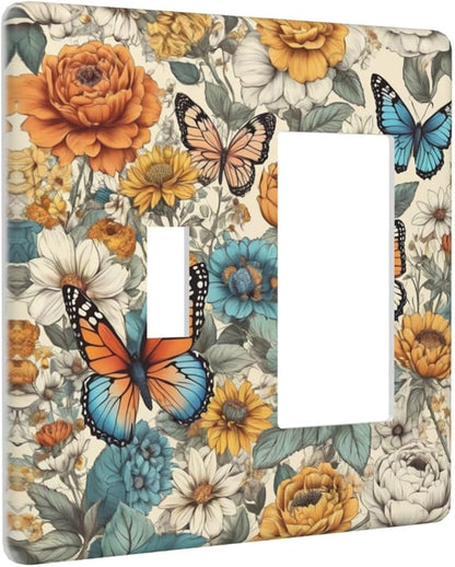 Light Switch Cover Vintage Colorful Floral Butterfly Flowers 2 Gang Toggle Rocker Combo Socket Cover Wall Plates Decorative Switch Plates and Outlet Covers for Bathroom Bedroom Decor