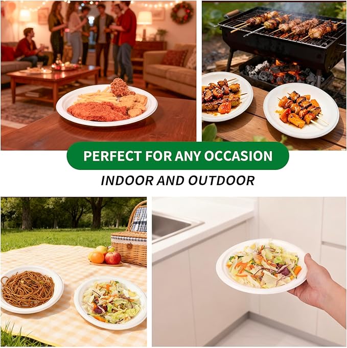 Aricsen 100 Pack 7 Inch Compostable Disposable Round Paper Plates, Natural White Biodegradable Sugarcane Bagasse PFAS-Free Eco-Friendly Dinner Plates for Party Wedding Picnic BBQ (100, 7 INCH)