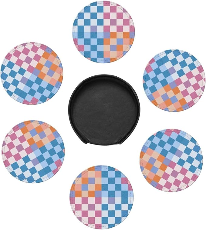 Colorful Blue and Purple Checkered Leather Coasters Set of 6 - Image 7