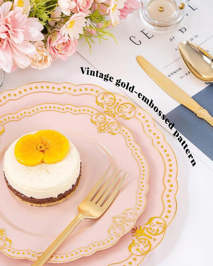 Ciaell 350 PCS Pink Plastic Plates - Pink and Gold Disposable Plates Include 50 Disposable Plate, 150 Heavy Duty Silverware, 50 Cups, 50 Napkins for Wedding & Party & Anniversary & Valentine's Day