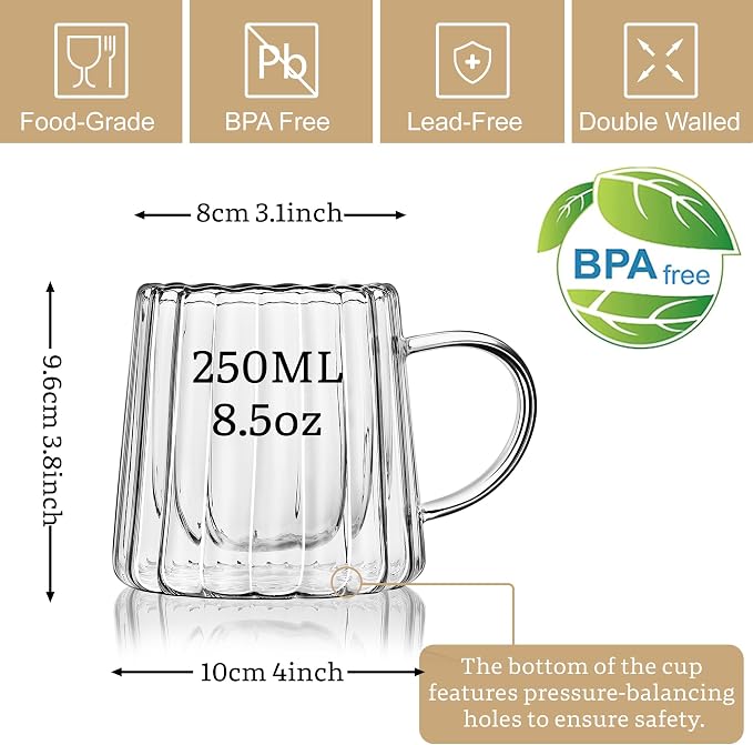Joeyan Double Walled Glass Coffee Mugs, Latte Cappuccino Tea Cups - Image 2